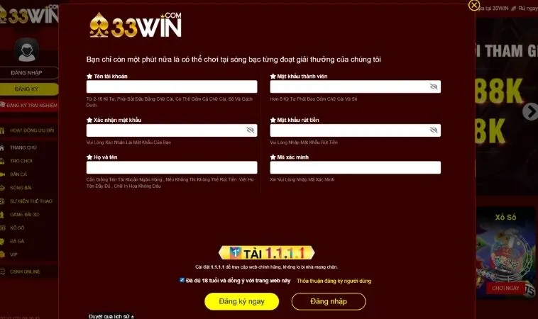 Bí Quyết Đăng Ký 33WIN Thành Công Nhanh Chóng Cho Tân Thủ Cá Cược 1 Giao diện đăng ký 33WIN